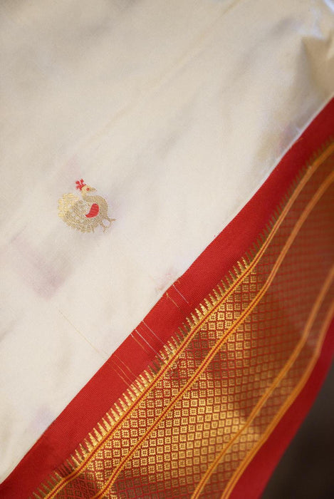 Elegant White and Red Pure Silk Paithani Saree with Zari Borders