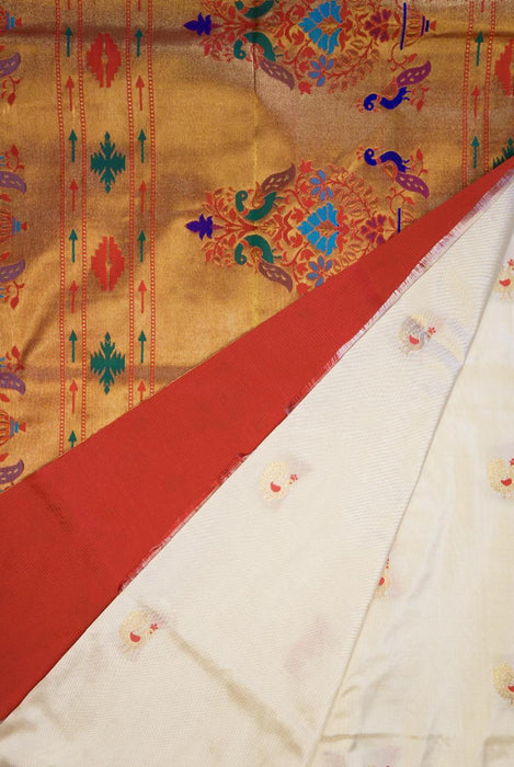 Elegant White and Red Pure Silk Paithani Saree with Zari Borders