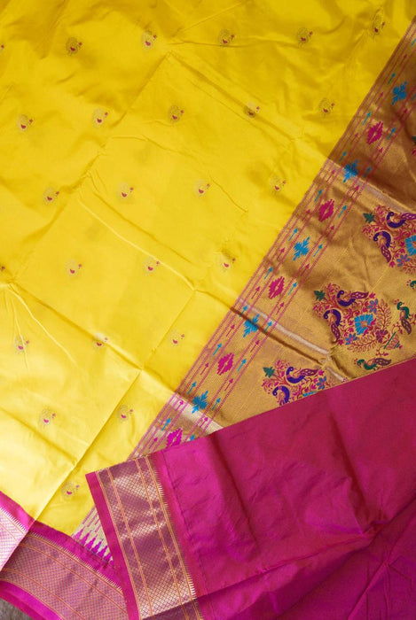 Vibrant Yellow and Magenta Pure Silk Paithani Saree with Zari Work