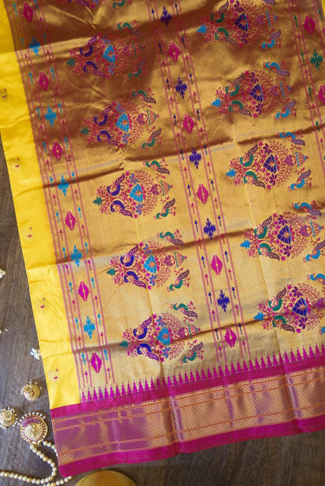 Vibrant Yellow and Magenta Pure Silk Paithani Saree with Zari Work