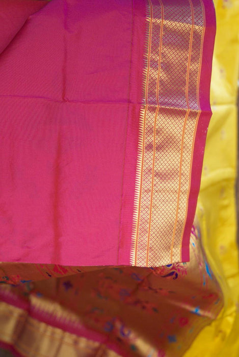 Vibrant Yellow and Magenta Pure Silk Paithani Saree with Zari Work