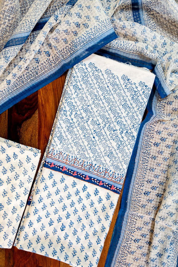 Kantha and Aari Work | Handloom 3 Piece Suit | Dabu Block Print Summer Cotton