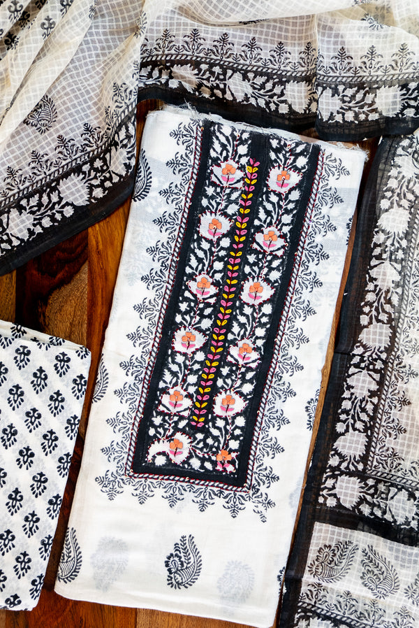 Kantha and Aari Work | Handloom 3 Piece Suit | Dabu Block Print Summer Cotton