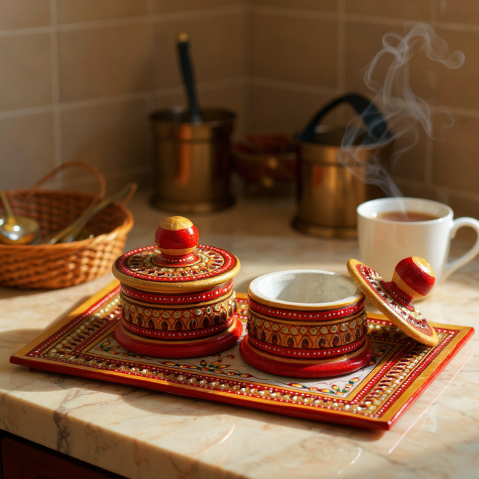 Red Handcrafted Marble Dryfruit, Condiments, Snacks Serving Tray and Box (one set)