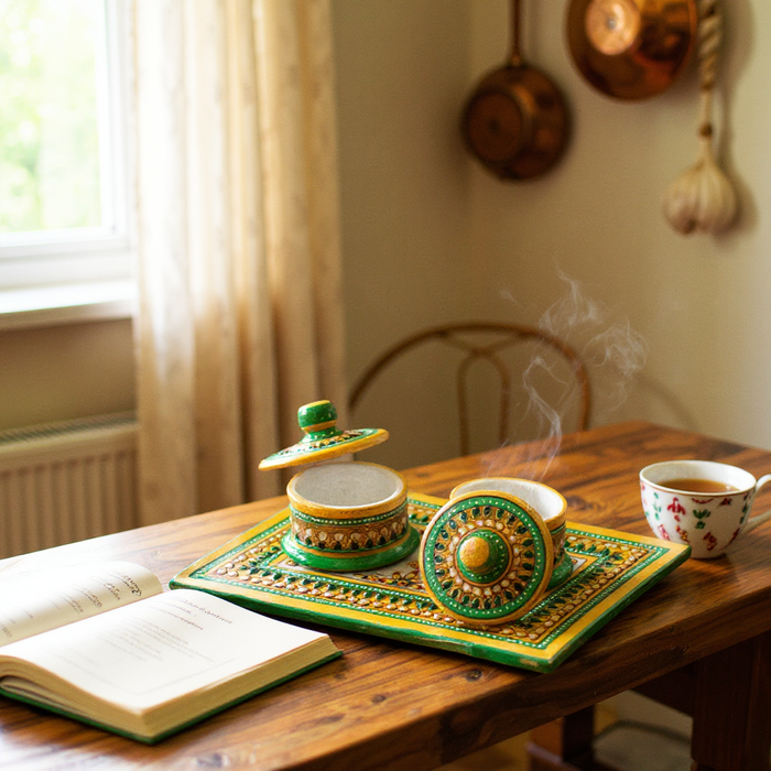 Green Handcrafted Marble Dryfruit, Condiments, Snacks Serving Tray and Box (one Set)